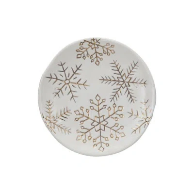 Storied Home Stoneware Plate With Gold Electroplated Snowflakes, White And Gold