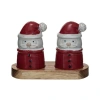 Storied Home Stoneware Santa Shaped Salt And Pepper Shakers On An Acacia Wood Tray, Red, White And N In Red
