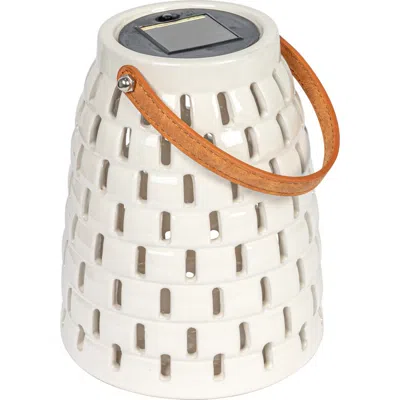 Storied Home Stoneware Solar Lantern With Cut-outs And Faux Leather Handle In White