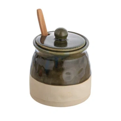 Storied Home Stoneware Sugar Pot With Lid And Wood Spoon, Deep Green Glaze In Animal Print