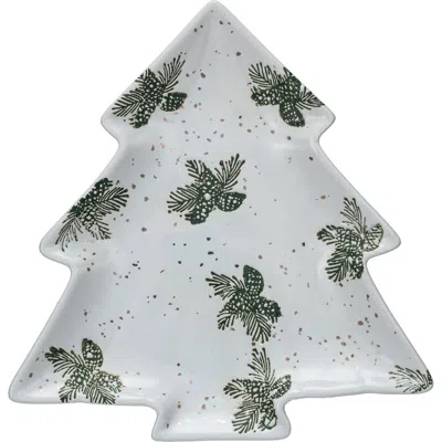 Storied Home Stoneware Tree Shaped Plate With Wax Relief Pinecones, Pine Boughs And Gold Electroplat In White