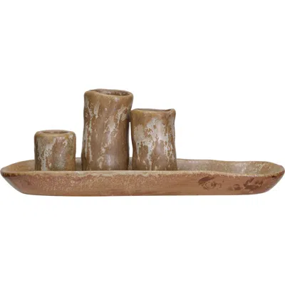 Storied Home Stoneware Vases And Candle Holder On Tray In Brown