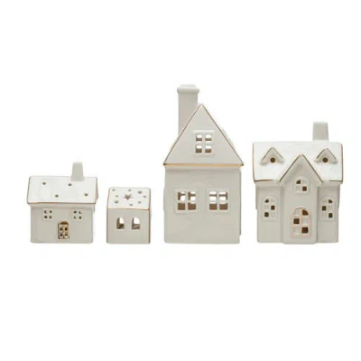 Storied Home Stoneware Village With Led Lights And Electroplating, White, Set Of 4