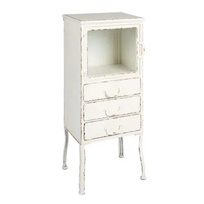 Storied Home Storage Metal Cabinet With 3 Drawers, Distressed White