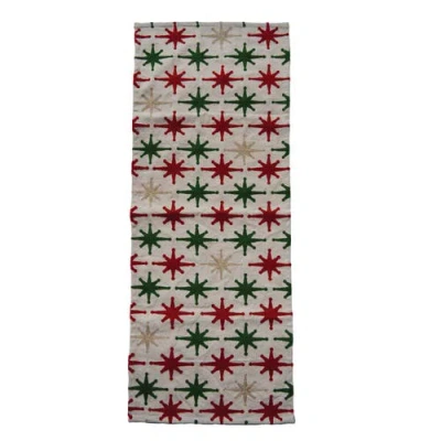 Storied Home Table Runner With Embroidered Stars, Pom Poms And Metallic Thread, Natural, Red And Gre In Multi