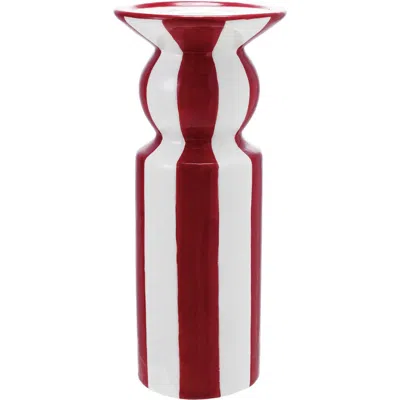 Storied Home Tall Hand-painted Ceramic Striped Taper Holder, Red And White In Multi
