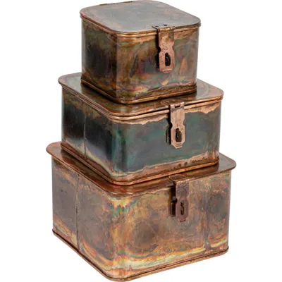Storied Home Various Square Decorative Boxes, Burnt Copper Finish, Set Of 3 In Brown