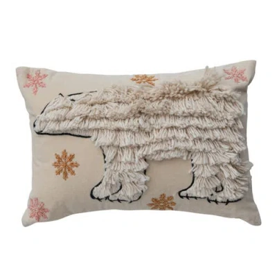 Storied Home Velvet Lumbar Pillow With Embroidered Fringe Polar Bear & Snowflakes, Multicolor In Brown