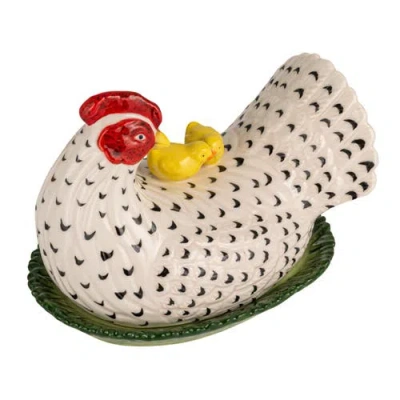 Storied Home Vintage Reproduction Hen Shaped Butter Dish With Chicks In White