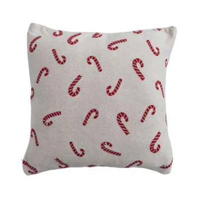 Storied Home Whimsical Cotton Knit Pillow With Candy Cane Pattern, Natural And Red