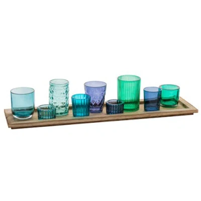 Storied Home Wood Tray With 9 Blue & Green Glass Votive Holders In Multi