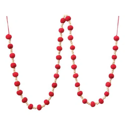 Storied Home Wool Felt Ball Garland With Wood Beads, Red