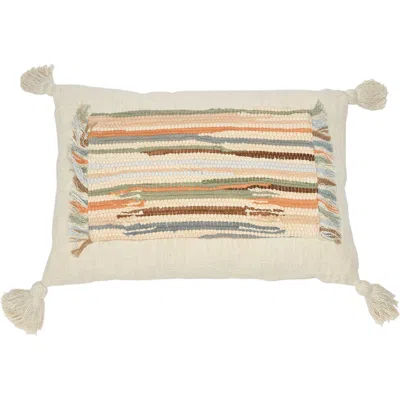 STORIED HOME STORIED HOME WOVEN COTTON SLUB LUMBAR PILLOW WITH APPLIQUE, FRINGE AND TASSELS, COVER ONLY