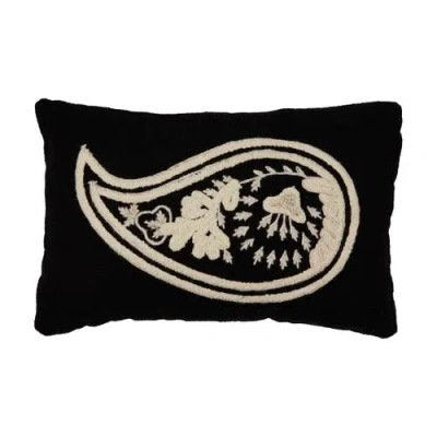 Storied Home Woven Cotton Slub Lumbar Pillow With Embroidered Paisley In Black