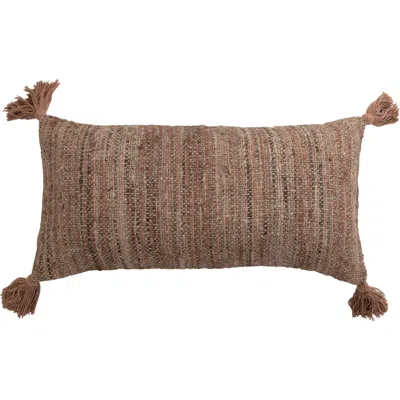 Storied Home Woven Cotton Striped Lumbar Pillow With Chambray Back And Tassels In Brown