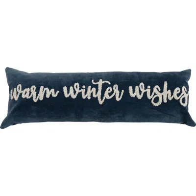 Storied Home Woven Cotton Velvet Lumbar Pillow With Embroidered "warm Winter Wishes", Navy And Cream In Blue