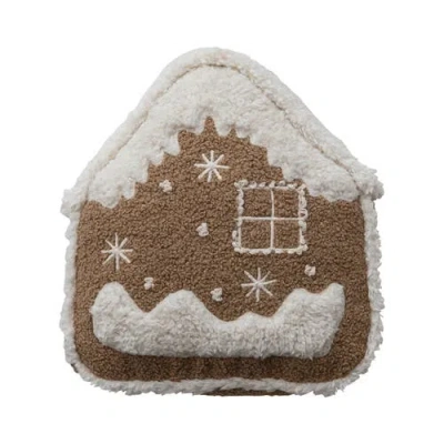 Storied Home Woven Fabric Bouclé Gingerbread House Shaped Pillow With Embroidery, Brown And Natural