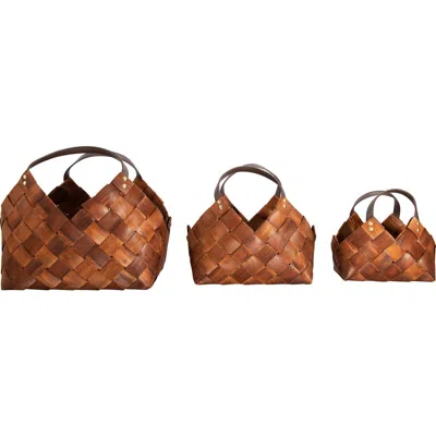 Storied Home Woven Storage Basket With Leather Handles, Brown, Set Of 3