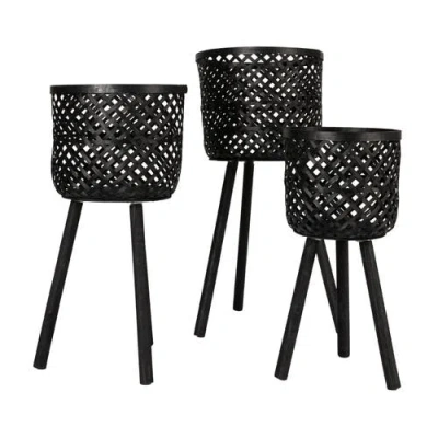 Storied Home Woven Wood Baskets With Wooden Legs, Black, Set Of 3