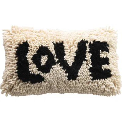 Storied Home Woven Wool Shag Lumbar Pillow With "love" Design, Black And Cream