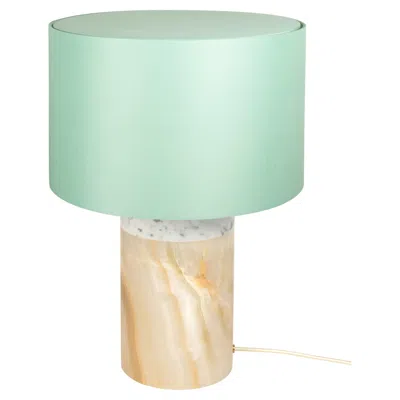 Pre-owned Stories Of Italy Carrara Marble & Onyx Pillar Lamp With Cotton Lampshade By  In Black