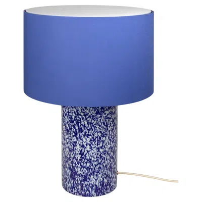 Pre-owned Stories Of Italy Murano Glass Blue & Ivory Pillar Lamp With Cotton Lampshade By  In White