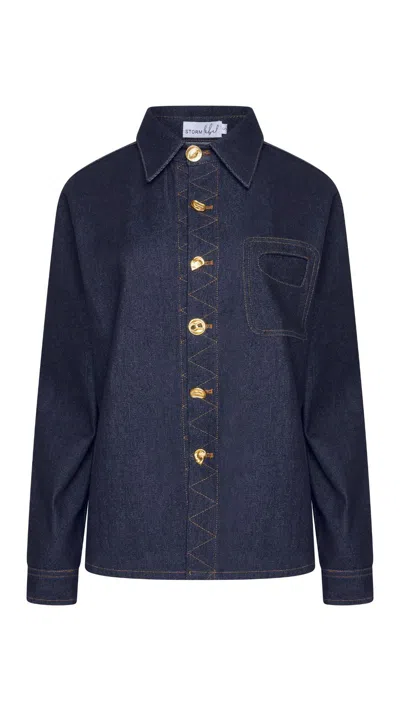 Storm Label Women's Blue Dark Denim Button Over Shirt