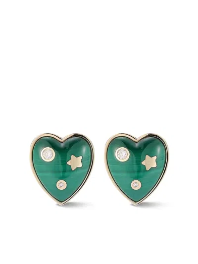 Storrow Jewelry 14k Yellow Gold Malachite Heart Earrings In Green