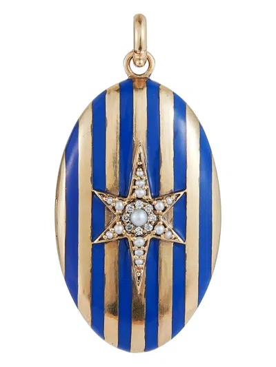 Storrow Jewelry Diamond Pearl Blue Enamel Striped Lillian Locket