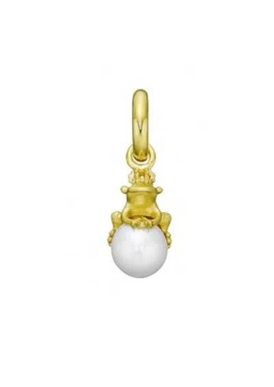 Story Jewellery Women's Frog With White Pearl Charm Pendant In Gold Plate In Silver