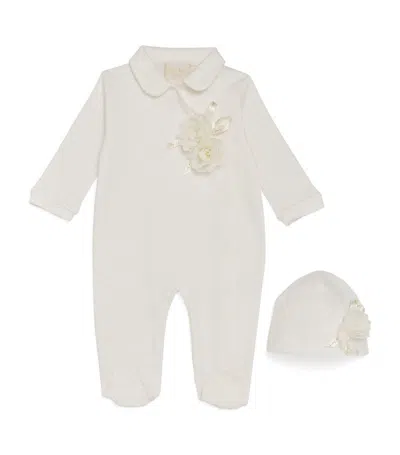 Story Loris Babies' Flower-appliqué All-in-one And Hat Set (1-9 Months) In Beige