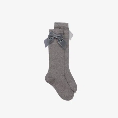 Story Loris Babies' Girls Grey Cotton & Velvet Bow Socks