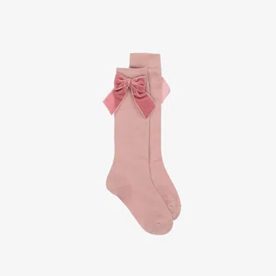 Story Loris Kids' Girls Pink Cotton & Velvet Bow Socks
