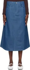 Story Mfg. Blue Twisty Denim Midi Skirt In Indigo Denim Wonky
