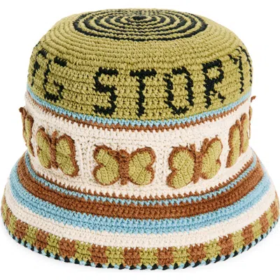 Story Mfg. Brew Butterfly Stripe Organic Cotton Crochet Bucket Hat In Olive Butterfly