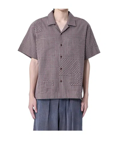 Story Mfg. Pa Camp-collar Patchwork Checked Organic Cotton Shirt In Brown