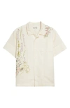 STORY MFG. GREETINGS EMBROIDERED SHORT SLEEVE COTTON & LINEN BUTTON-UP SHIRT
