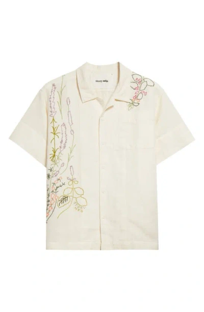 Story Mfg. Greetings Embroidered Short Sleeve Cotton & Linen Button-up Shirt In White