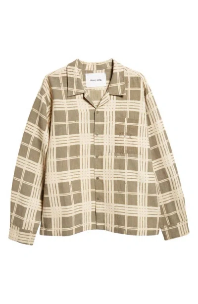 Story Mfg. Greetings Camp-collar Logo-embroidered Checked Linen And Organic Cotton-blend Shirt In Brown