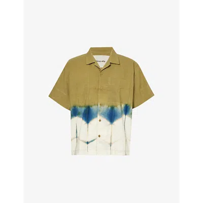 Story Mfg. Story Mfg Mens Forest Clamp Greetings Short-sleeved Relaxed-fit Cotton And Linen-blend Shirt