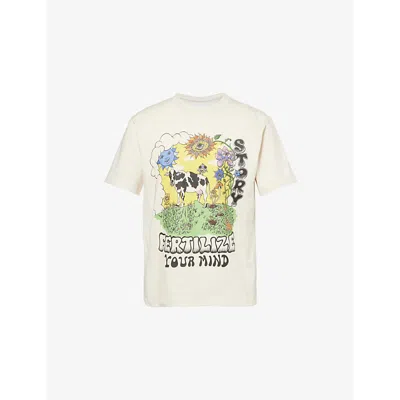 Story Mfg. Mens Grateful Graphic-print Long-sleeve Cotton T-shirt Ecru