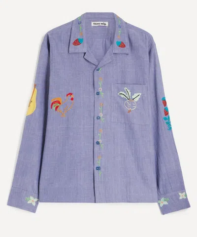 Story Mfg. Mens Embroidered Cotton Shirt In Blue