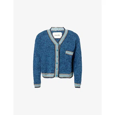 Story Mfg. Mens Indigo Bulb Cotton Knitted Cardigan In Blue