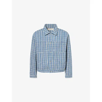 Story Mfg. Mens Indigo Check Sundae Check-print Cotton-knit Jacket In Blue