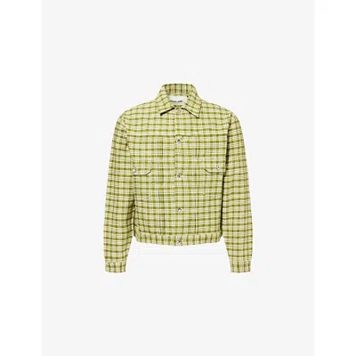 Story Mfg. Mens Moss Check Tuesday Check-print Cotton-poplin Jacket In Green