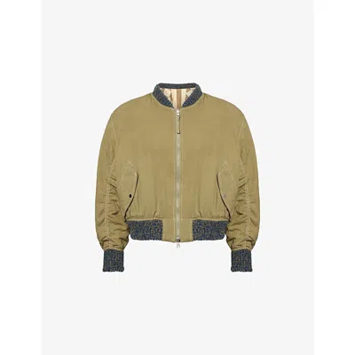 Story Mfg. Mens Olive Seed Knitted-trims Cotton Bomber Jacket In Green