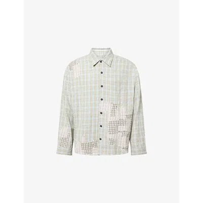 Story Mfg. Mens Scrap Patchwork Checked Cotton Shirt Xl In White