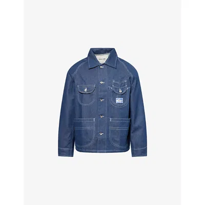 Story Mfg. Mens Dark Denim Circuit Patch-pocket Cotton Denim Jacket In Blue
