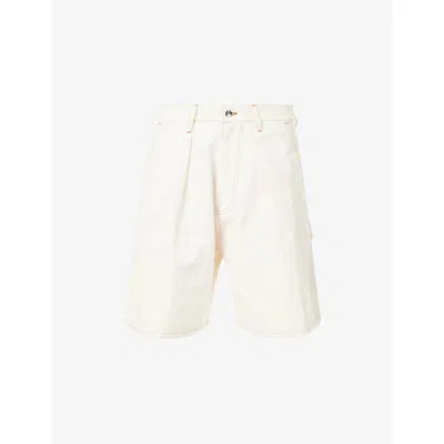 Story Mfg. Mens Ecru Lush Carpenter Pleated Cotton Shorts In White