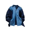 Story Wear Women's Blue Family Bros Oversized Two-tone Patchwork Frayed Shirt In Blue